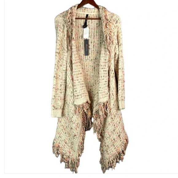 RENEE C NWT Boho Fringe Asymmetrical Draped Cardigan Pink Tan Open Waterfall L - Picture 2 of 12